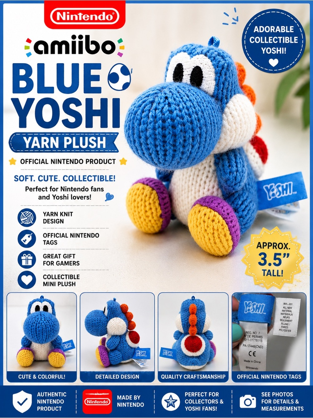 Nintendo amiibo Blue Yoshi Yarn Plush Mini Stuffed Toy Collectible